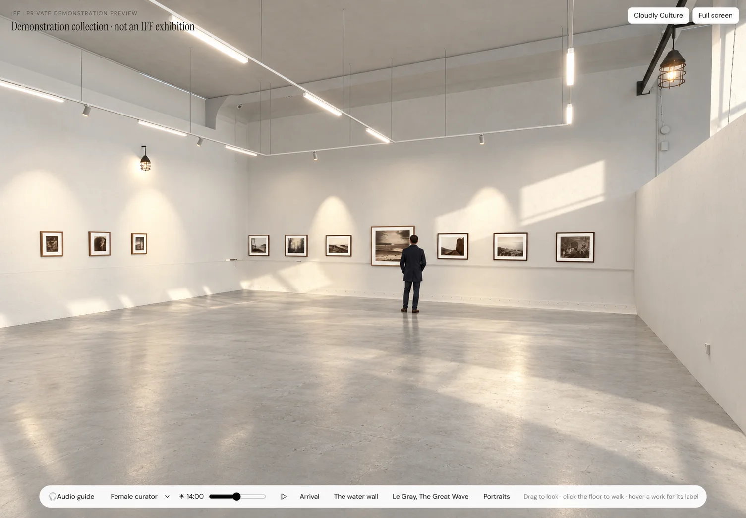 AI-enhanced visualisation of the IFF demonstration gallery with a visitor looking at framed photographs