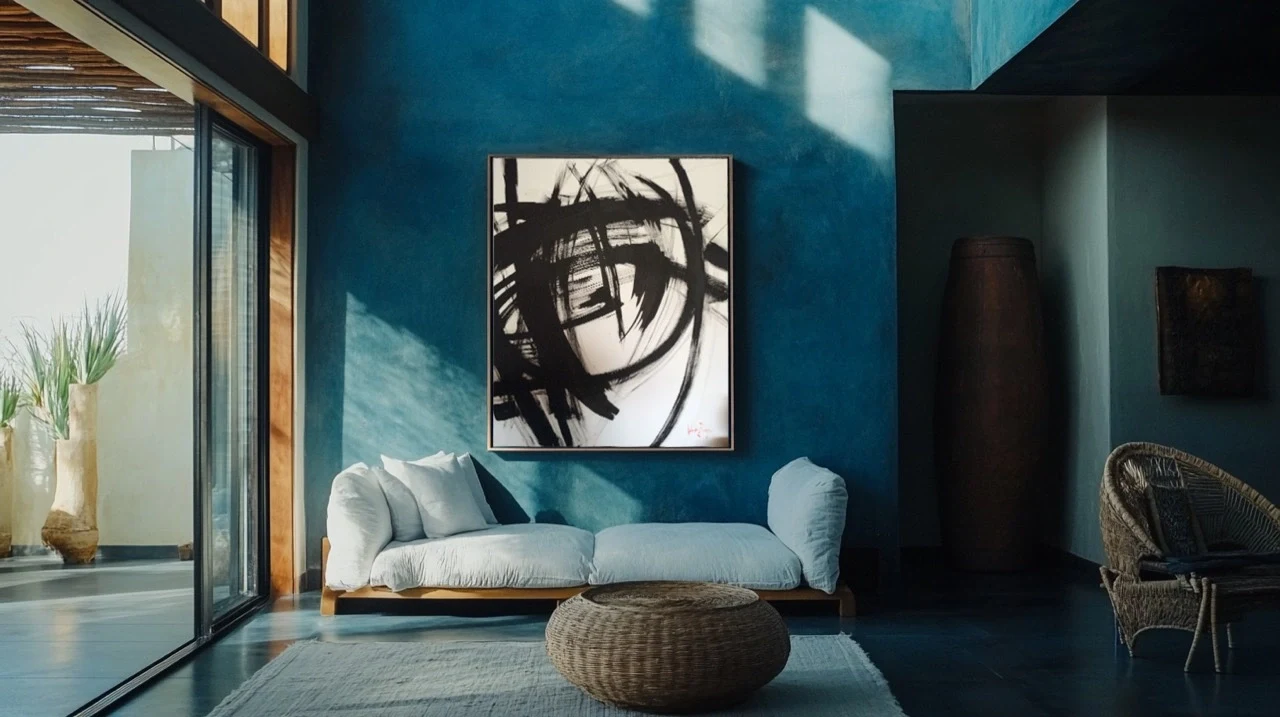 A black-and-white abstract painting above a pale sofa against a deep blue wall