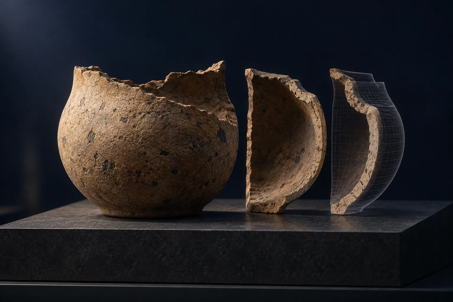 Concept illustration of an uninscribed ceramic vessel separated into sections, with a fine wireframe revealing its structure