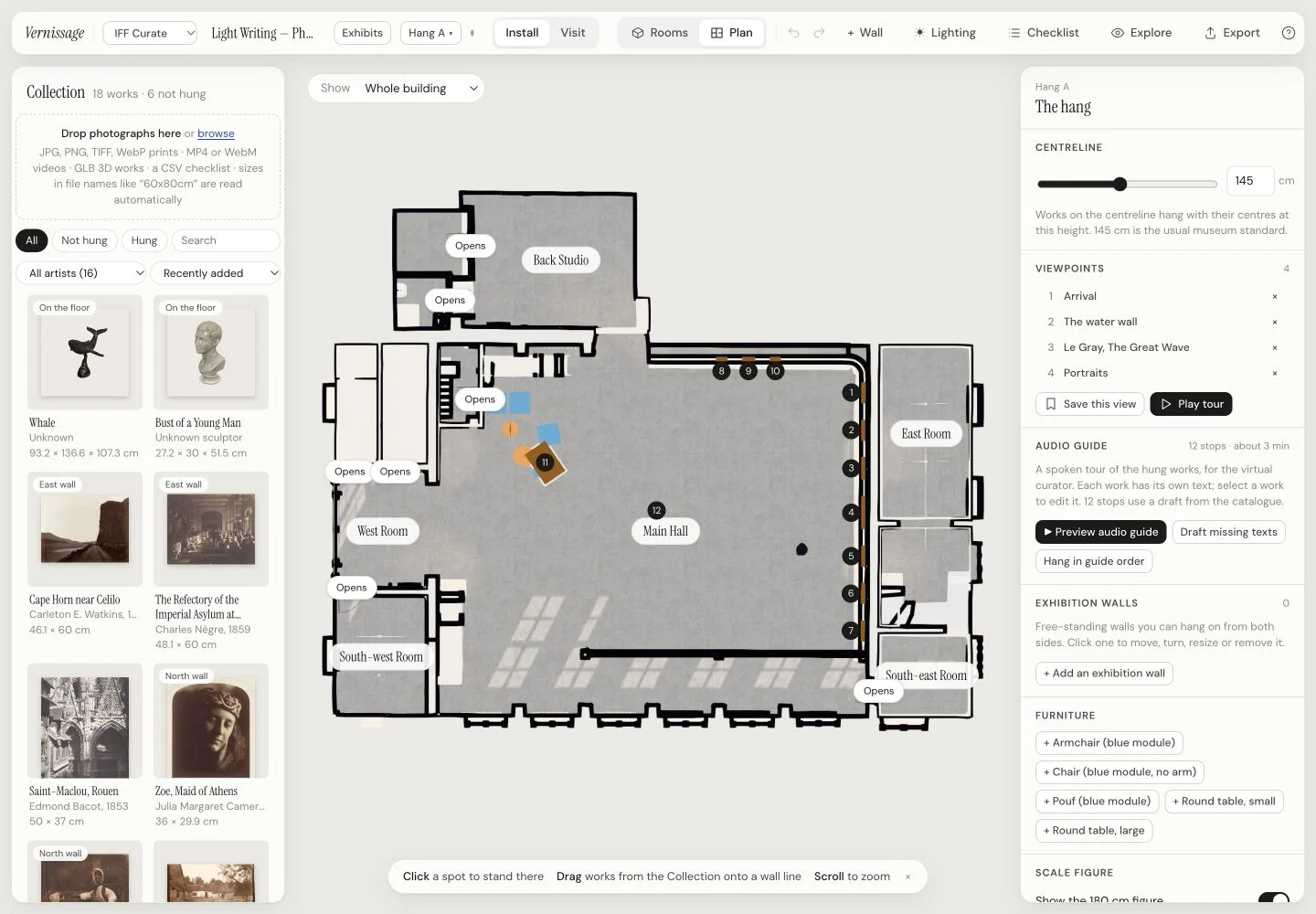 Actual Vernissage curator workspace showing the IFF floor plan, collection thumbnails, artwork positions and hang controls